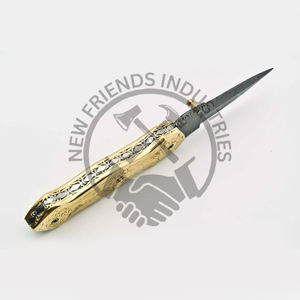 Cuchillo plegable de acero de Damasco de grado industrial personalizable hoja trasera recta mango de latón grabado cuchillo de bolsillo personalizado - Product Image 4