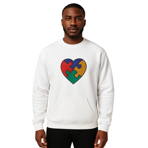 Concienciación sobre el autismo corazón rompecabezas Chenille bordado blanco cuello redondo pulóver sudadera Unisex algodón polar ropa de apoyo - Product Image 1