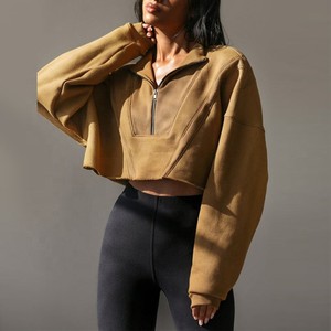 Mujeres Crop Top Algodón Media Cremallera Up Cropped Hoodies Sudaderas - Product Image 3