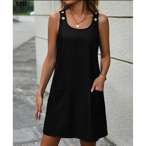 Robe en lin pour femme, sans manches, à bretelles épaisses, avec détail bouton et poche, 38343 - Noir - Product Image 1
