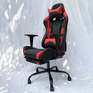 Gaming Chair 7188 Chinese-Style <b>Adjustable</b> Height Black & Red with <b>Footrest</b> Home Office Metal Frame & PU Cushion - Product Image 4
