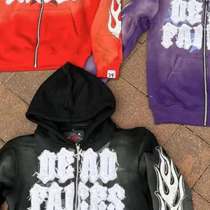 เสื้อมีฮู้ดซิปรูดแบบกำหนดเองสไตล์วินเทจซักกรดพลอยเทียมพิมพ์ลายนูน100% ผ้าฝ้ายฤดูใบไม้ร่วง - Product Image 2