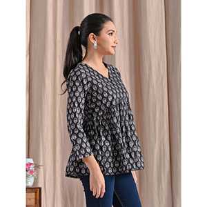<b>Black</b> Jaipuri Block Printed Cotton Peplum <b>Top</b> Ladies' Long Floral Embroidered Office <b>Tops</b> Asymmetrical Collar Lace Decoration XL - Product Image 3