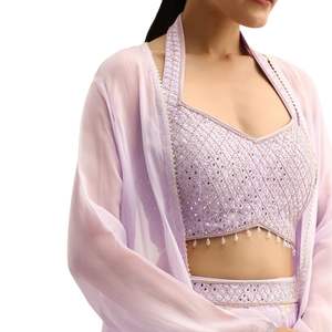 Top corto di seta viola con giacca e Sharara moderno Indo occidentale festivo e matrimonio abbigliamento per donne eleganti - Product Image 5