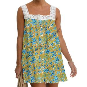 Top en dentelle décontracté pour femmes, imprimé floral, col en V, en coton doux, sans manches, magnifique imprimé à la main en coton - Product Image 3
