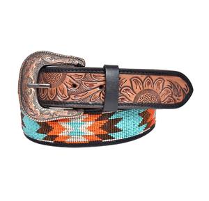 Best Selling Unisex Floral <b>Tooled</b> <b>Leather</b> <b>Belts</b> Geometrical Design Beaded <b>Belts</b> Fancy Buckles Customized by Top Manufacturers - Product Image 1