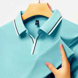 Polo en coton pour hommes à la mode-Slim Fit respirant popeline couleur unie décontracté vêtements d'été avec col tricoté à manches courtes - Product Image 1