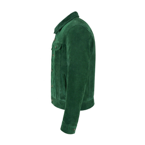 <b>Men's</b> Suede <b>Trucker</b> <b>Jacket</b> with New Fashion Shirt Style Real Cowhide Green Leather <b>Jacket</b> - Product Image 4