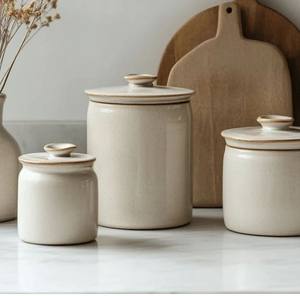 Élégant pot de rangement en céramique pour thé avec couvercle en bois, boîte hermétique de cuisine, organisateur de comptoir élégant pour thé frais - Product Image 5