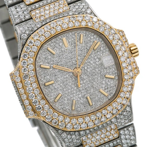 Montre de luxe pour homme, étincelante, faite à la main, bicolore, entièrement sertie de moissanite, style hip-hop, avec diamants, élégante - Product Image 4