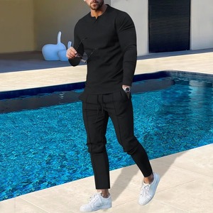 Automne nouvelle grande taille hommes couleur unie Henry pantalon à manches longues costume tendance nouveau survêtement à carreaux ensembles pour hommes - Product Image 4