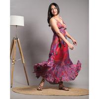 Robe longue vintage en soie tissée lavable, coupe trapèze, dos nu à lacets, idéale pour la plage et les soirées estivales