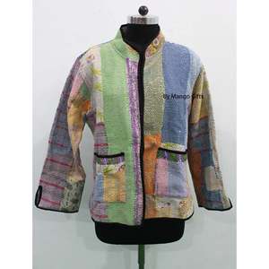 เสื้อแจ็คเก็ตผ้าฝ้ายส่าหรีแบบวินเทจสำหรับผู้หญิง  แบบสองด้านใส่ได้  ทรงบอมเบอร์  คอปกเบสบอล  ตกแต่งขนนก  แบบสั้น  สำหรับฤดูหนาว - Product Image 1