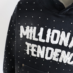 Heavy Weight Distress Applique Logo Washed Hoodies Full Body Rhinestone Black Oversized Cotton Blended Hooded - Product Image 3