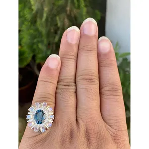 925 Silver London Blue Topaz <b>Moonstone</b> <b>Ring</b> Geometric Marquise Design Rhodium Plating for Everyday Wear IGI Certified Gemstone - Product Image 3