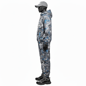 Conjunto de Chaqueta Cortavientos de Poliéster Premium de 180 g/m², Estampado de Grafiti Gris Azul, Logotipo Personalizado, Impresión DTF de Alta Densidad - Product Image 5