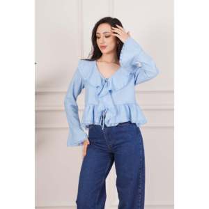 Blusa Elegante para Mujer LUSTRIN, con Detalle de Encaje Azul, Cuello con Lazo, 100% Poliéster, Manga Larga, Estilo Casual para Uso Diario - Product Image 3