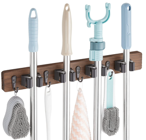 Soporte para escoba individual montado en la pared, organizador de fregona de <span class=keywords><strong>madera</strong></span> rústica, 4 ganchos, estante de almacenamiento duradero, <span class=keywords><strong>armario</strong></span> de garaje, lavandería, herramienta de cocina - Product Image 1