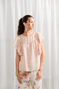 Chemise à manches bouffantes en lin mélangé rose poudré vintage pour femmes, col mandarin, dentelle respirante en coton, haut de Noël - Product Image 6