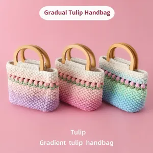 Bolso de Mano de Tulipán con Degradado de Color Tejido a Crochet, Bolso de Maquillaje de Hilo Ecológico, Bolso de Compras Estético, Bolso de Playa para Vacaciones y Ocio - Product Image 3