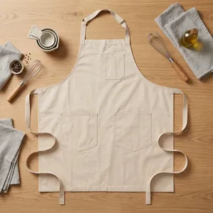 Tablier en toile robuste réutilisable avec 3 poches, lavable en machine, pour la cuisine et l'usage quotidien, style simple, tissu tissé, couleur beige - Product Image 1