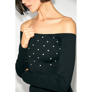 GRIMELANGE Women's <b>Off</b>-<b>Shoulder</b> <b>Long</b> <b>Sleeve</b> Blouse with Rhinestone Detail-Stretch Fabric Carmen Neck <b>Top</b> - Product Image 3