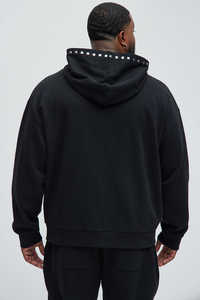 <b>Black</b> Customized Boxy Blank Oversized Studded Metal <b>Zip</b> <b>Hoodie</b> Men Splice 420g Cotton Long Sleeve Sweatshirt <b>Hoodie</b> For Men - Product Image 4