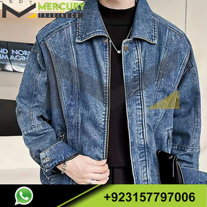 Veste en jean solide ample pour hommes avec poches, revers décontracté en coton mélangé avec fermeture éclair à manches longues vêtements d'extérieur pour l'extérieur - Product Image 3