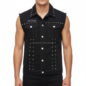 เสื้อกั๊กยีนส์ผู้ชายสีดำแบบสั่งทำพิเศษ สไตล์พังก์ร็อก ประดับหมุดและหนาม  ทรงสลิมฟิต ตัดเย็บแบบคัทออฟ - Product Image 1