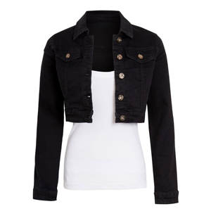 Chaqueta vaquera ajustada elástica de talla 14 12 10 8 6 para mujer, chaqueta vaquera negra, Chaqueta corta de manga larga con cierre de botones - Product Image 2