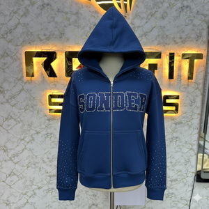 Prefect Cutting Sport Edition Zipper Distressed Hoodie <b>Rhinestone</b> Zip up <b>Jacket</b> Acid Wash Men Fleece Streetwear Hoodie - Product Image 1