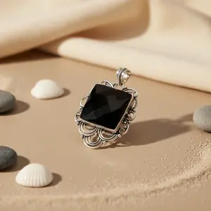 Women's 925 <b>Silver</b> <b>Pendant</b> with Black Onyx Geometric 18K Gold and Diamond Quartz Box Chain for Engagement Gemstone Jewelry - Product Image 3