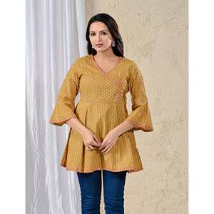 Blusa Angrakha de Popelina de Algodón Color Mostaza para Mujer, Tejida, Casual de Verano, Corta, para Oficina, Tallas XL y 4XL - Product Image 1