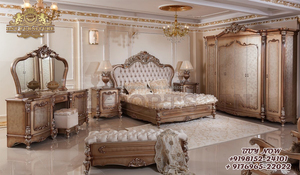 Juego de dormitorio Maharaja de madera de teca exclusivo, juego de dormitorio de estilo clásico de cama de madera de teca, cama de madera de teca de oro blanco con taburetes laterales - Product Image 5