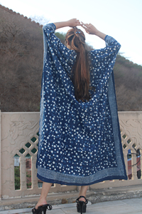 Ecológico 100% algodón Midi-Length Kaftan vestido cómodo Casual Lounge Wear elegante bloque de mano impreso diseño indio azul - Product Image 6