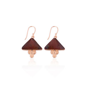 Boucles d'oreilles pendantes en laiton plaqué or rose faites à la main bijoux de déclaration uniques à la mode café jaspe triangle pierre précieuse grand cadeau de fête - Product Image 1