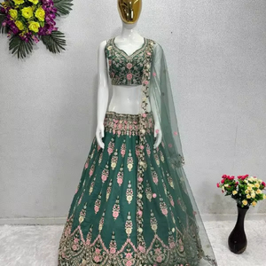 NOVIA WEAR HEAVY FUAX GEORGETTE CHINE SECUENCIA TRABAJO LEHENGAS CHOLI CON DUPATTA - Product Image 1