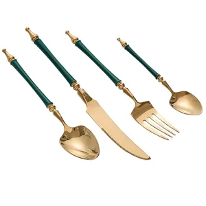 Mirrored Golden Finishing Stainless Steel Flatware Set, Elegant Design Green Handle Reusable Cutlery Set For Minimalist Kitchens - Product Image 1