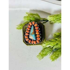 Navajo Turquoise & Multi-Color Stone Sterling Silver <b>Adjustable</b> Cluster <b>Ring</b> 18K Plating One Size Fits All Gift - Product Image 1