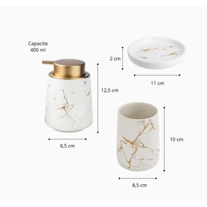 Juego de Baño de Cerámica con Efecto Mármol Blanco, Dispensador de Jabón de 400 ml, Portacepillos de Dientes y Jaboneras Recargables - Product Image 2
