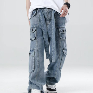 กางเกงยีนส์ขาตรงหลายกระเป๋าสำหรับผู้ชาย, กางเกงยีนส์สไตล์สตรีทย้อนยุคดีไซน์ฮิปฮอปขนาดใหญ่พิเศษตามสั่ง - Product Image 2
