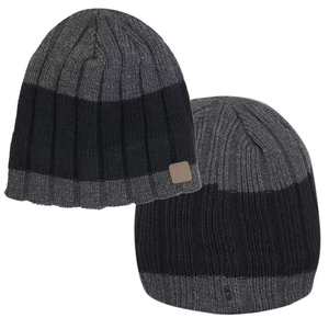Bonnet en tricot bicolore gris anthracite et noir pour homme et femme, doux et extensible, avec petit patch en cuir avec logo, idéal pour l'hiver - Product Image 4