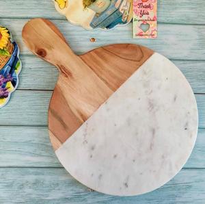 Recién llegado, tabla de queso para servir rectangular de mármol blanco, bandeja de madera de Acacia para servir charcutería con asas en la artesanía de dirección - Product Image 3