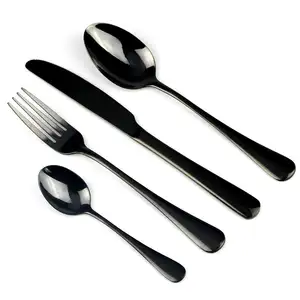 Dijual set sendok garpu baja tahan karat mewah kerajinan tangan empat buah sendok garpu dengan lapisan hitam Enamel