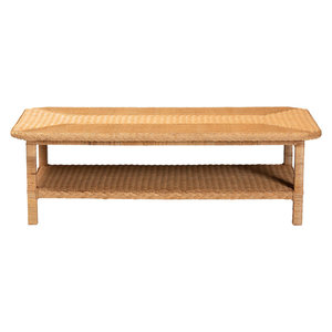 Table basse de Bohème Moderne en Rotin Tressé Miel Clair Style Ferme Salon et Salle à Manger Meubles de Maison avec Plateau en Marbre - Product Image 1