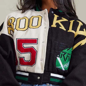 Chaqueta universitaria de cuero recortada de estilo Vintage para mujer, Chaqueta corta de béisbol transpirable con bordado de chenilla personalizado, ropa de calle - Product Image 5