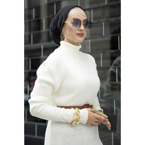 Crochet col roulé tricoté Hijab robe écru rayonne décontracté hiver automne été robe bouton décoration droite gaine naturel - Product Image 1