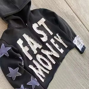 Sweat à capuche unisexe écologique brodé en éponge française imprimé de vêtements de sport d'hiver léger avec fermeture éclair et cordon de serrage - Product Image 2