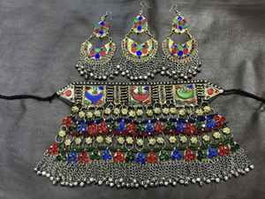 BOHO AFGHANI ETHNIC STUD EARRINGS & NECKLACE <b>SET</b> for <b>WOMEN</b> in STAINLESS STEEL with GOLD PLATING - Product Image 4