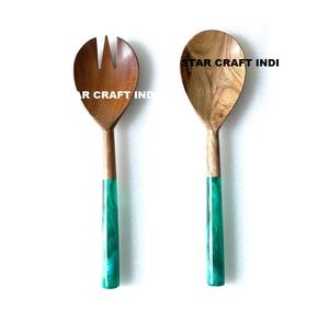Eco Material Mango Wood Salad Server Set Manual Hand <b>Serving</b> <b>Spoon</b> and Fork Set Kitchenware Salad Tools Resin Handle Tableware - Product Image 1